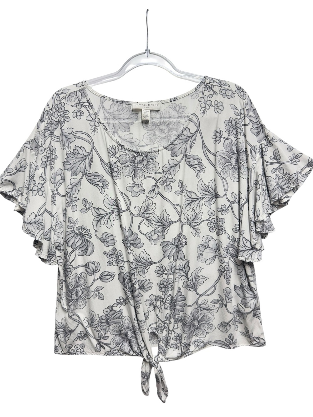 Pure Viscose Chambray Knit Vines Floral Flutter Butterfly Sleeve Blouse Top